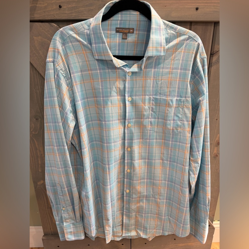Peter Millar Summer Comfort Plaid Button Down Shirt Blue Orange Large